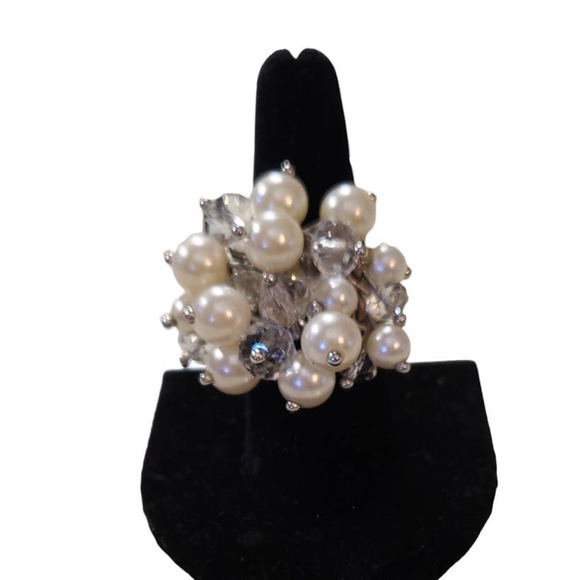 No Brand Jewelry - Pearl and Beaded Statement Ring, Adjustable